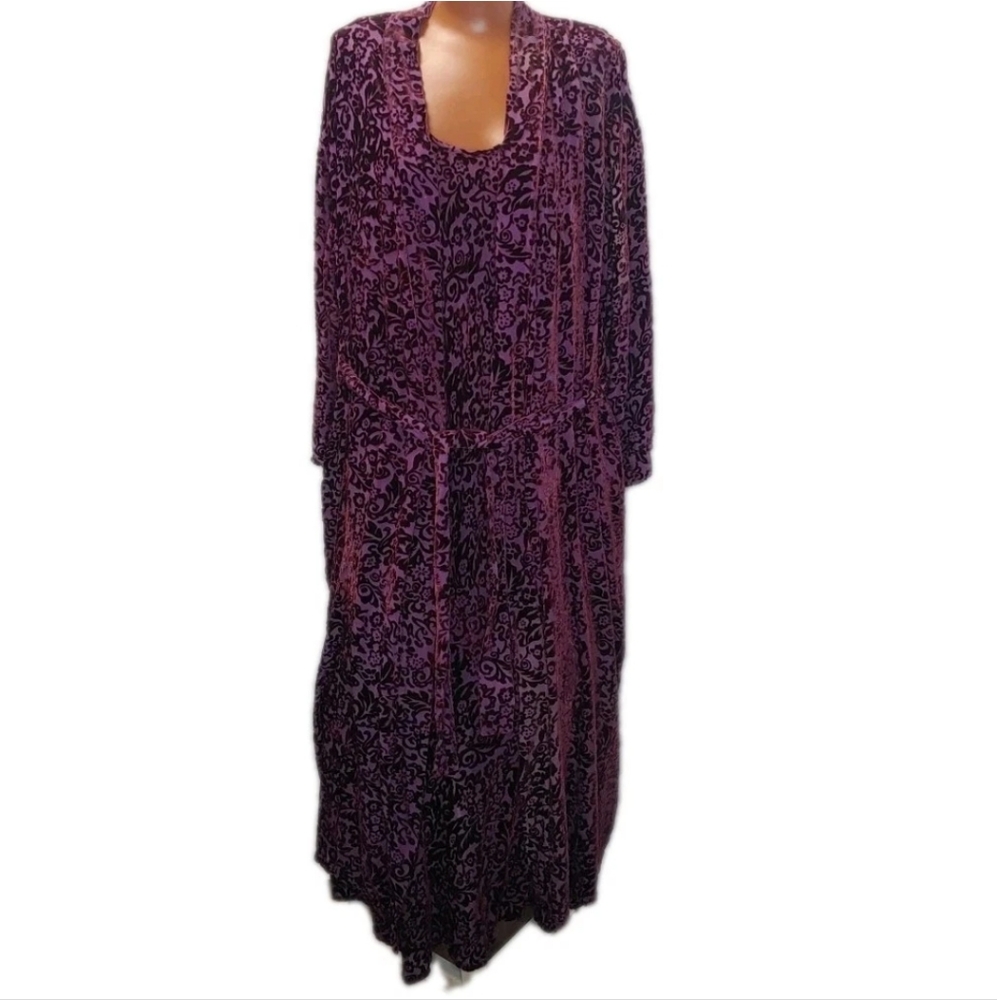 Lasoie Lounge Robe Slip Dress 2 Pc Set Floral Burnout Wine Purple Silk Blend L